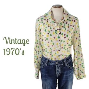 Vintage 1970's Polka Dot Button Down Top Ladies Size L